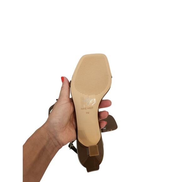 New Nine West Yess Square Toe Tapered Heel Dress Sandals Patent Brown 7M - Picture 6 of 7